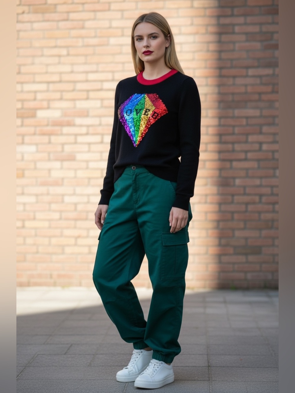 Gucci Cashmere Black Sweater with Rainbow Sequin Diamond and Red Neckline